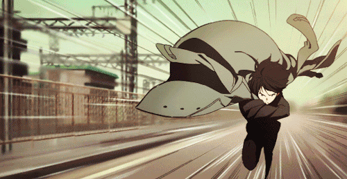 the image is a dynamic illustration or animation still of an animestyle female character running at high speed. she's wearing a long, flowing coat that billows behind her, accentuated by motion blur lines radiating from her. the setting appears to be an urban environment with train tracks and buildings visible in the background, also blurred by the speed effect.  the art style is stylized and slightly muted in color palette, emphasizing the movement and action.