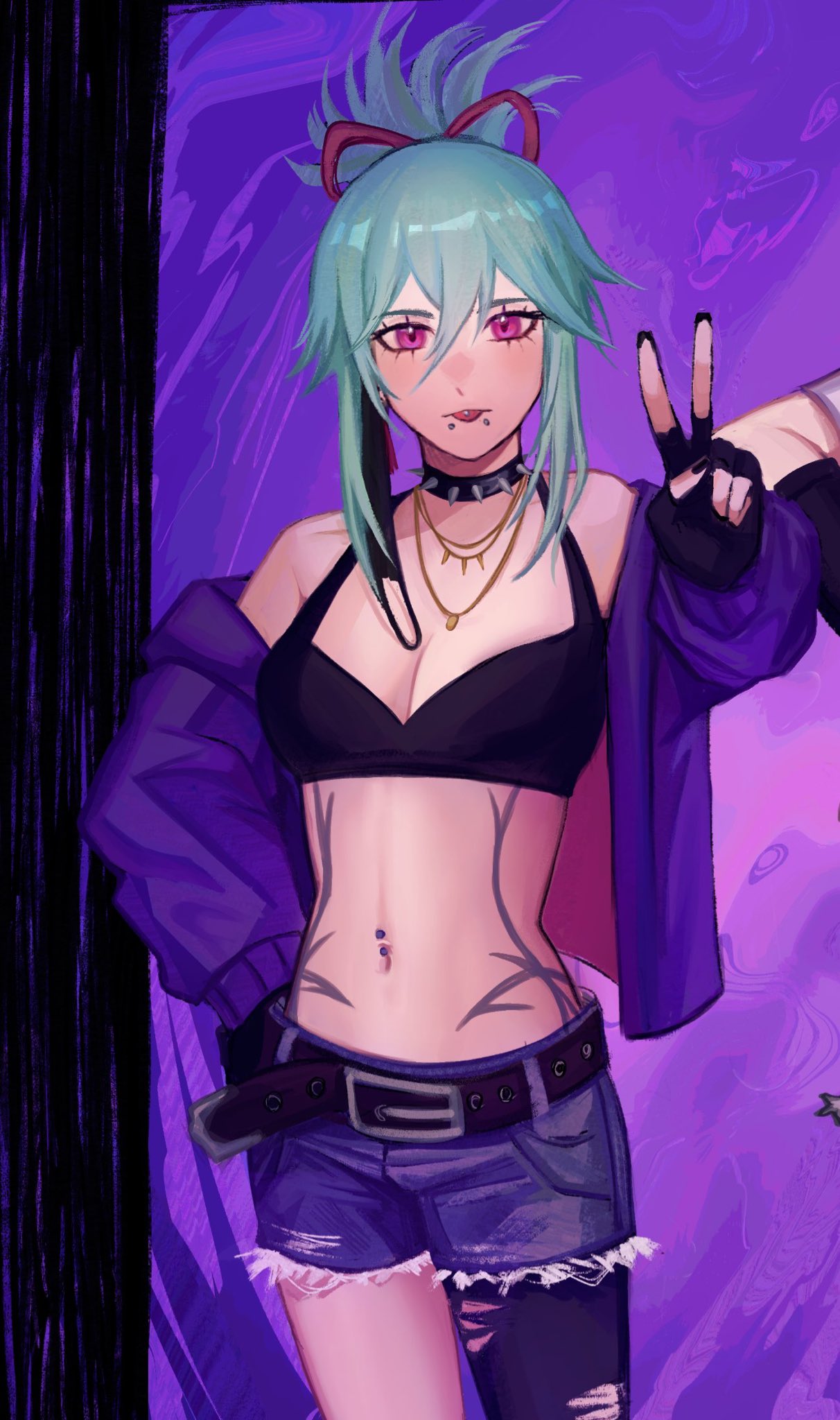 a digital illustration of a stylized anime woman with green hair and red eyeliner, wearing a black bra, ripped blue jeans, and a purple jacket, giving the peace sign. she's surrounded by a purple background.