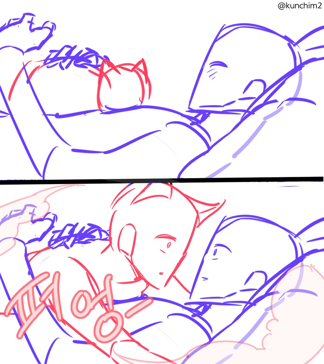 the image contains a twopanel sketch of two characters cuddling. the top panel shows a character in blue holding another character wearing cat ears, drawn in red. the bottom panel shows the same scene but with more detail on the characters' faces and with korean text added on the red character. the drawing style is minimalist.