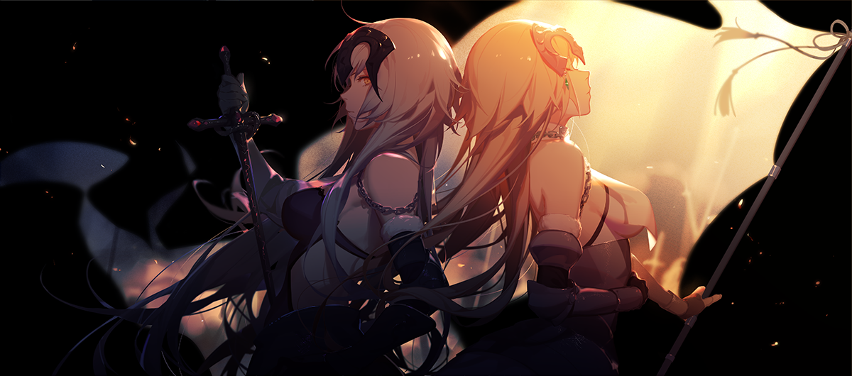 the image shows two animestyle women standing backtoback against a dark background. the woman on the left has long, blonde hair with a black mask covering part of her head. she is holding a sword in her right hand. the woman on the right has shorter blonde hair and is wearing goggles on her head. she is holding a flag. the lighting in the image is dramatic, with strong contrasts between light and shadow. the overall mood is serious and intense.