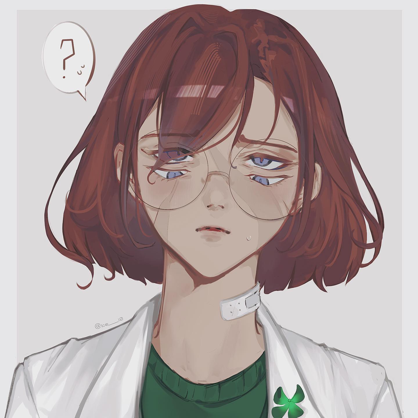 a closeup portrait of a young woman with short red hair, wearing glasses, a lab coat, and a green shirt with a clover patch. she looks sad and confused, with a furrowed brow and her eyes slightly closed, as if she's pondering something. a question mark bubble is floating above her head, further suggesting her state of confusion. there's a bandage on her neck, hinting at a possible illness or injury, adding to the somber mood of the illustration. the overall style of the drawing is a mix of realism and anime, with a soft, muted color palette that emphasizes the character's delicate features and emotional vulnerability.