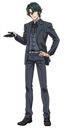 a confidentlooking young anime man in a welltailored business suit is depicted in front of a plain white background. he wears a smirk on his face and a single black glove on his right hand, which is outstretched. his left hand is resting on his hip. the image has a flat lighting style, commonly seen in character design sheets.