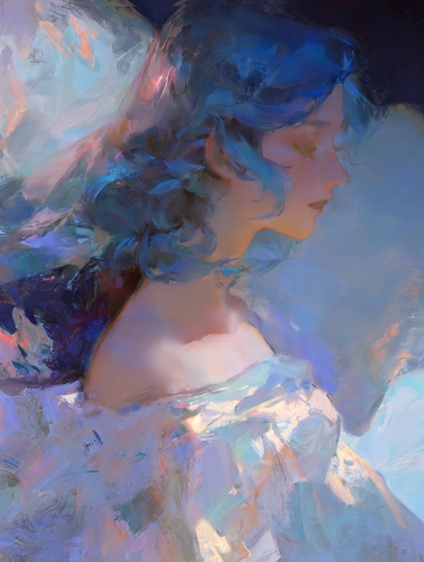 this painting features a portrait of a woman with long blue hair. her eyes are closed and she has a dreamy expression on her face. the painting is done in a soft, ethereal style, with pastel colors and blurry lines. the woman is wearing a white dress, and she is surrounded by a swirling blue light. the background is abstract and suggestive of clouds or mist.