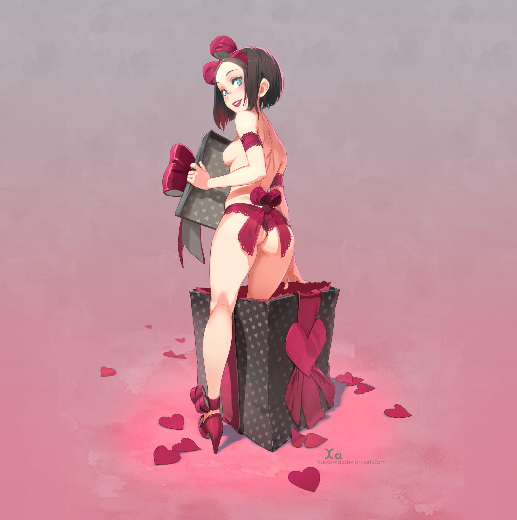 an anime girl with short brown hair, wearing a red ribbon and a red bra with matching red lace underwear, is holding a gift box in front of her. she is standing with her legs spread apart with her heels resting on a red heart box, the box is covered in white and black hearts, and she is standing on a pink floor with pink hearts scattered around her.  the background is a light pink.  the image is illustrated in anime style.  the image is very romantic.  the image has a cute, sexy, and romantic theme.