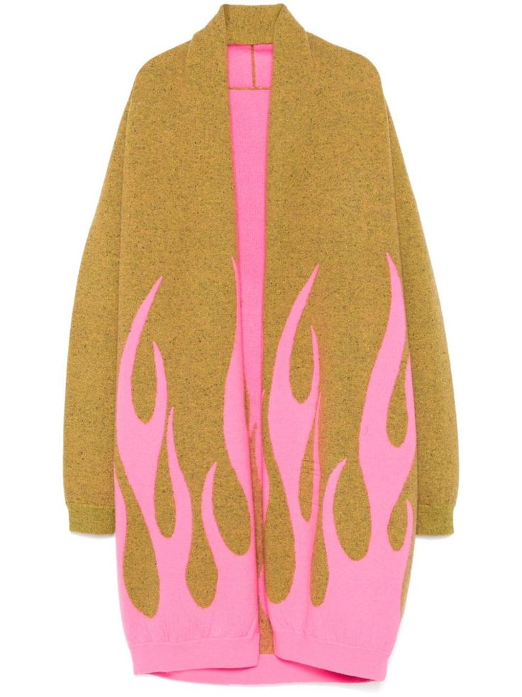 a pink and gold flame cardigan with a long, open front. the cardigan is made of a soft knit material and is perfect for layering over a tshirt or blouse. the cardigan has a relaxed fit and is a great choice for both casual and dressy occasions.