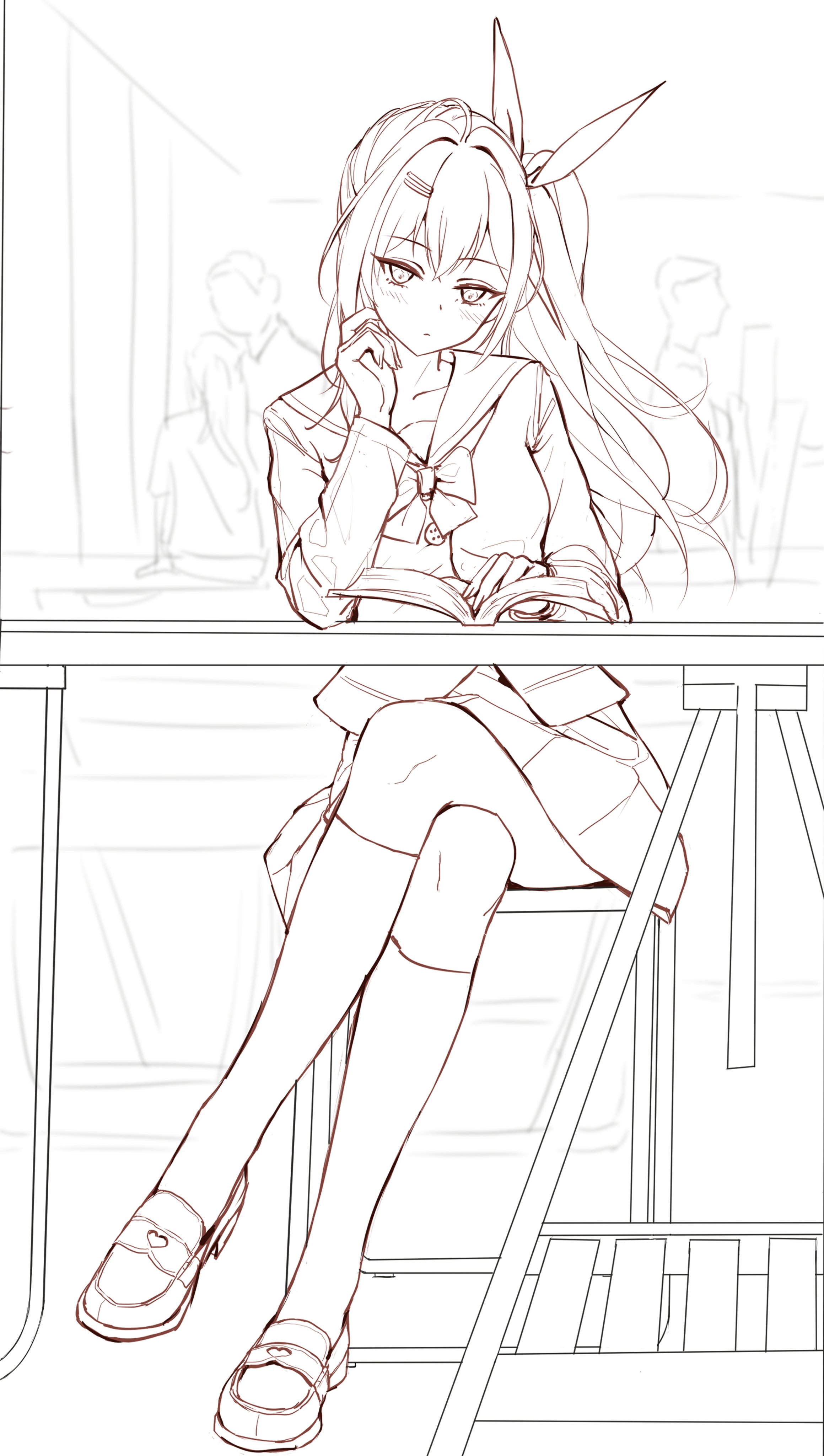 an anime girl wearing a school uniform is sitting at a desk in a classroom, holding a book and resting her hand on her face, seemingly in thought. she has a ponytail and is wearing loafer shoes with thighhigh socks. other students can be seen faintly in the background.