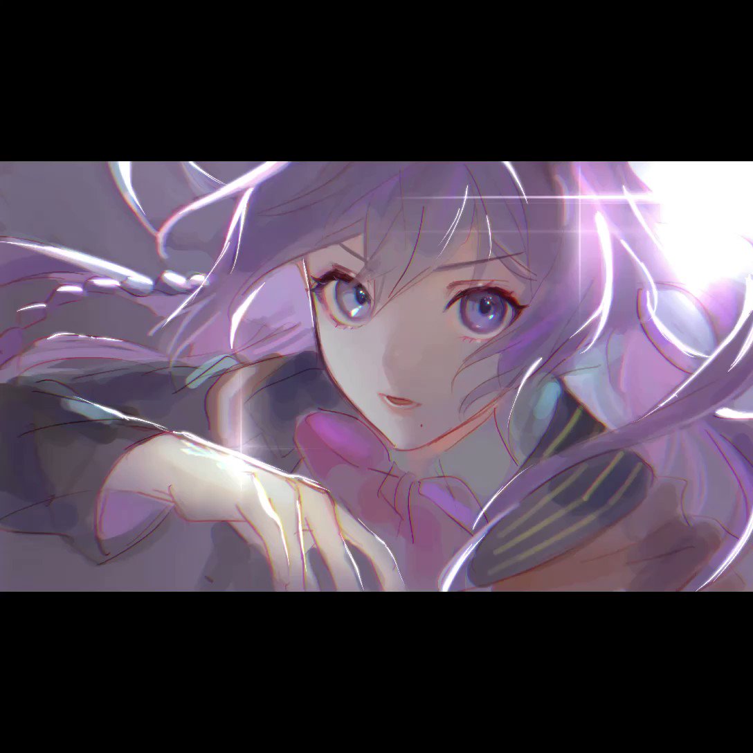 a digital illustration of a cute anime girl with long purple hair. her blue eyes are large and expressive and she has a soft pink bow on her neck. she is glowing and has a dreamy look. the image is made of soft colors and bright highlights. it is a beautiful and whimsical illustration.