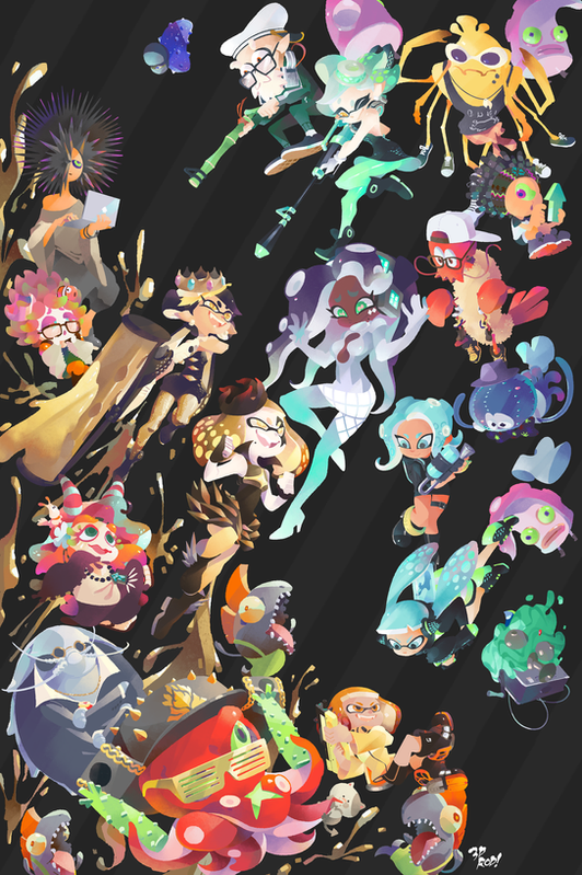 this vibrant illustration features a chaotic and colorful group of squid and octopus characters from the popular video game series splatoon. the characters are depicted in a variety of poses and expressions, showcasing their dynamic and energetic personalities. the artwork is filled with bright colors and playful details, capturing the spirit of the game's fun and actionpacked world.