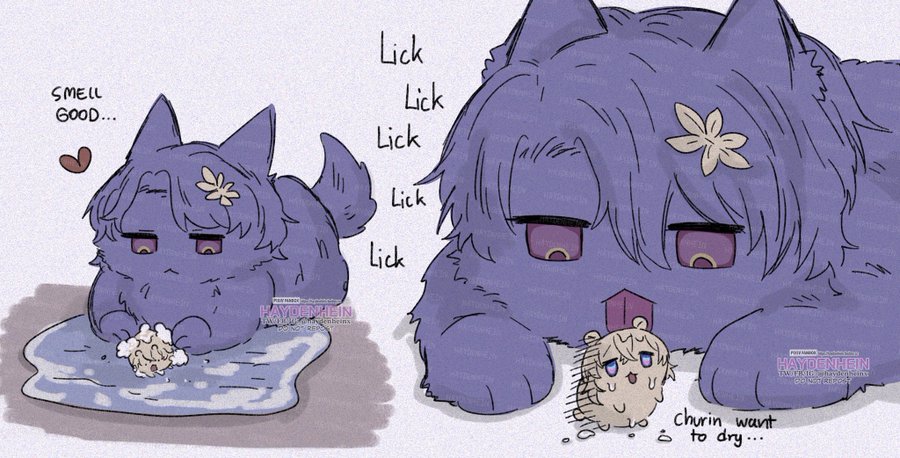 this is an illustration of two cute purple dogs. one is taking a bath, the other is licking the wet dog, saying "churin want to dry." it's a cute and funny illustration of two dogs enjoying each other's company.