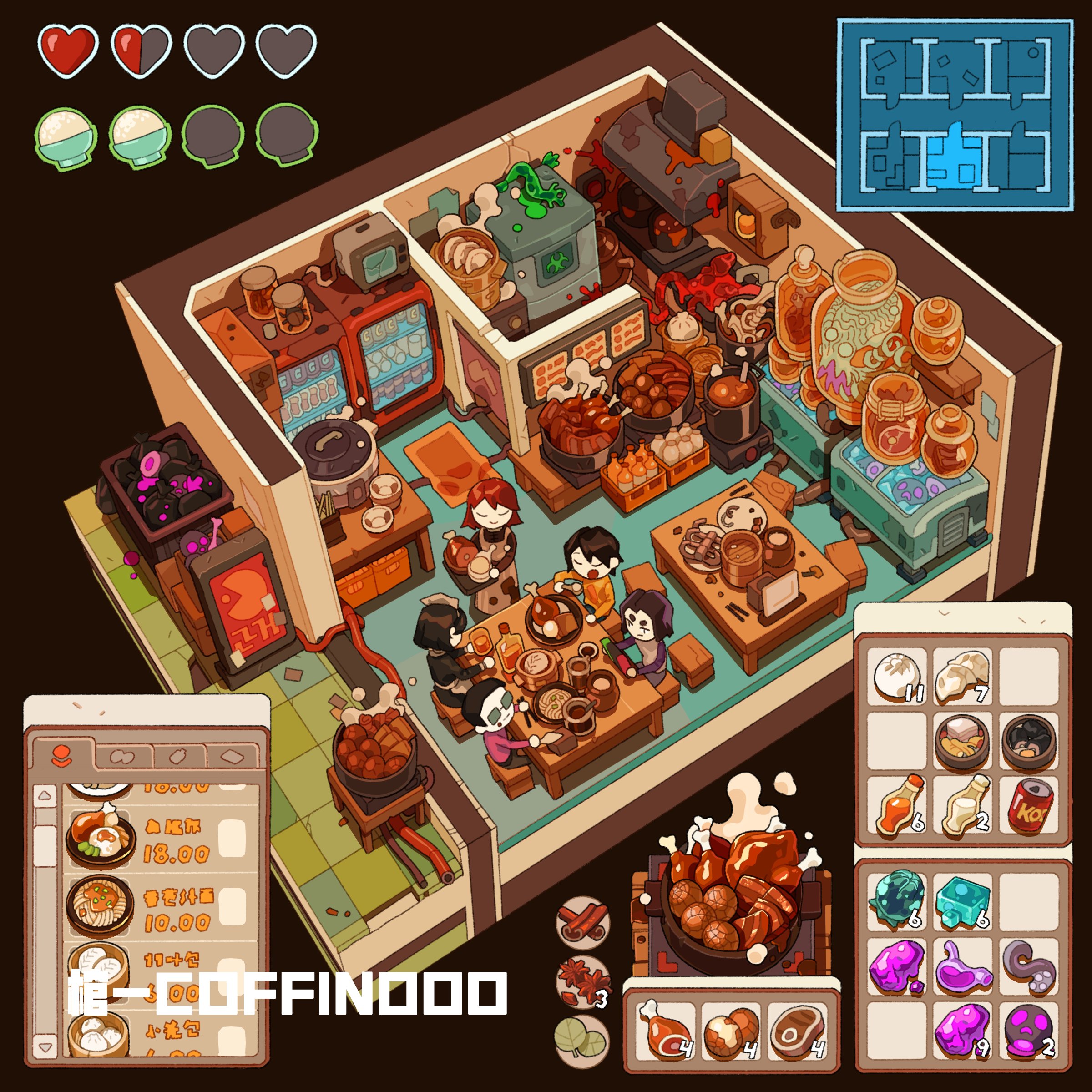 the image shows the interior of a futuristic food shop. the shop has an isometric perspective, showing the layout of the kitchen and seating area. there are five people inside the shop, four are sitting and eating and one is standing behind a counter. the image also has game ui elements such as a minimap, character health bars, and item inventory.