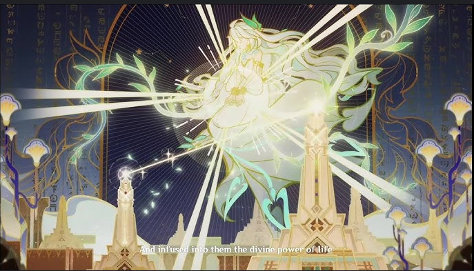 an animestyle illustration of a goddesslike girl emitting light and surrounded by a magical aura. she is wearing a white and gold dress and has long, flowing hair. the image is set in a fantastical and ethereal setting with golden and green designs and glowing orbs. the text at the bottom reads: "and infused into them the divine power of life".