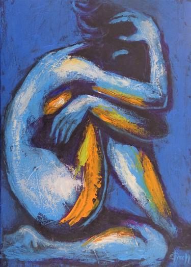 the painting depicts a nude female figure in a seated, contemplative pose. the figure is rendered in abstract strokes of blue, yellow, orange, and purple hues against a predominantly blue background. the figure's head is bowed, and her arms are wrapped around her torso. the brushstrokes are thick and textured, creating a sense of depth and movement. the overall mood of the painting is one of sadness and loneliness, with the figure appearing introspective and withdrawn.