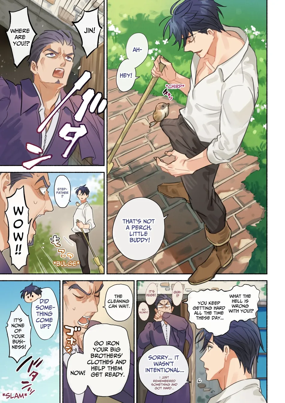 this is a page from a manga about a group of boys. the first panel shows a boy with blonde hair wearing a purple shirt. he appears to be in a rush. in the middle panel, we see a boy with blue hair wearing a white shirt. he is holding a stick, and there is a bird on the stick. the last panel shows three boys. the boy with blue hair is worried and is saying that he didn't do something on purpose, but he forgot to do something and is trying to hurry. this manga page is about rushing to prepare for something, which is shown by the boy with the stick and by the boy who is ironing clothes. the boys are worried and are rushing to get ready.