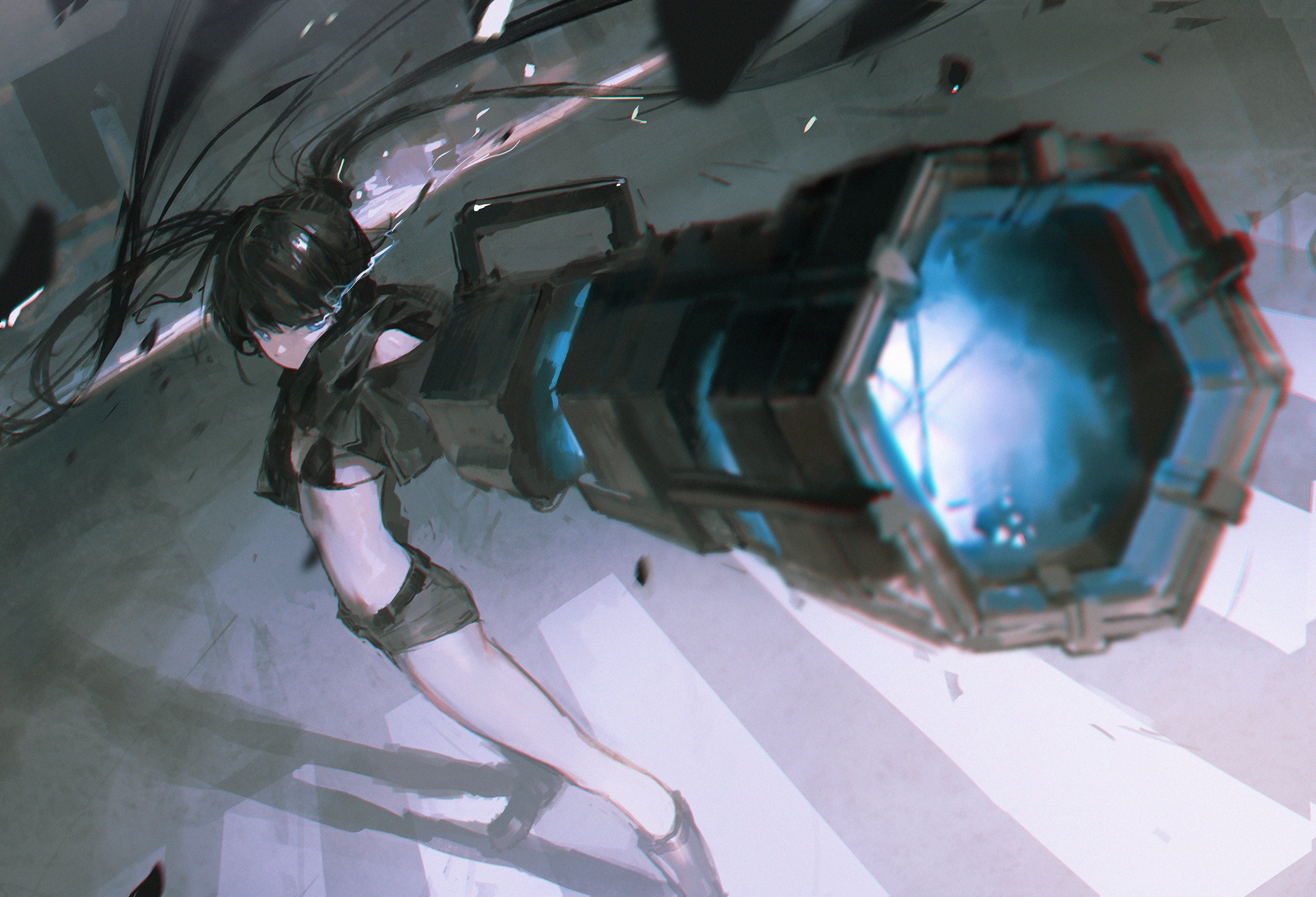 a blackhaired anime girl with blue eyes is holding a futuristic weapon. she is pointing the weapon forward, and her expression is determined. the background is a blurry, grey concrete surface.  the weapon has a blue glow.