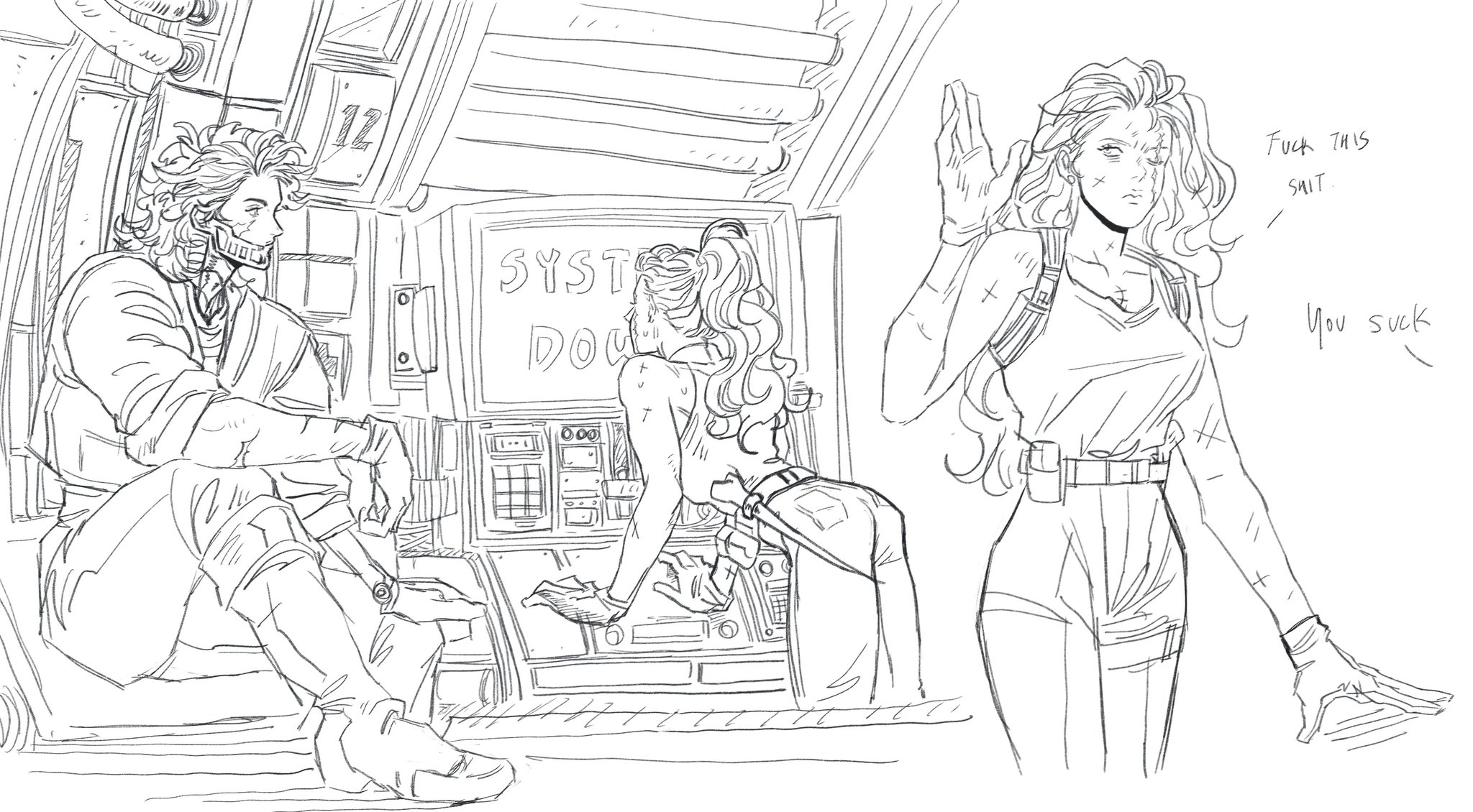 a black and white sketch depicts three figures in a scifi setting. on the left, a bearded man with curly hair sits in the cockpit of a vehicle or spacecraft, observing. in the center, a woman with tiedup hair works on a console displaying "system down". to the right, another woman with wavy hair stands with a raised hand, expressing frustration. the scene is a blend of technical elements and character emotion. there's handwritten text indicating the character's discontent, and details like scars and facial hair add to the worldbuilding.