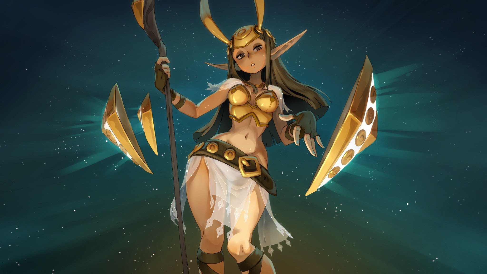 this is an illustration of an elf woman warrior with golden armor and a spear, in a blue sky with stars. she is holding a spear in her left hand, while pointing with her right hand.