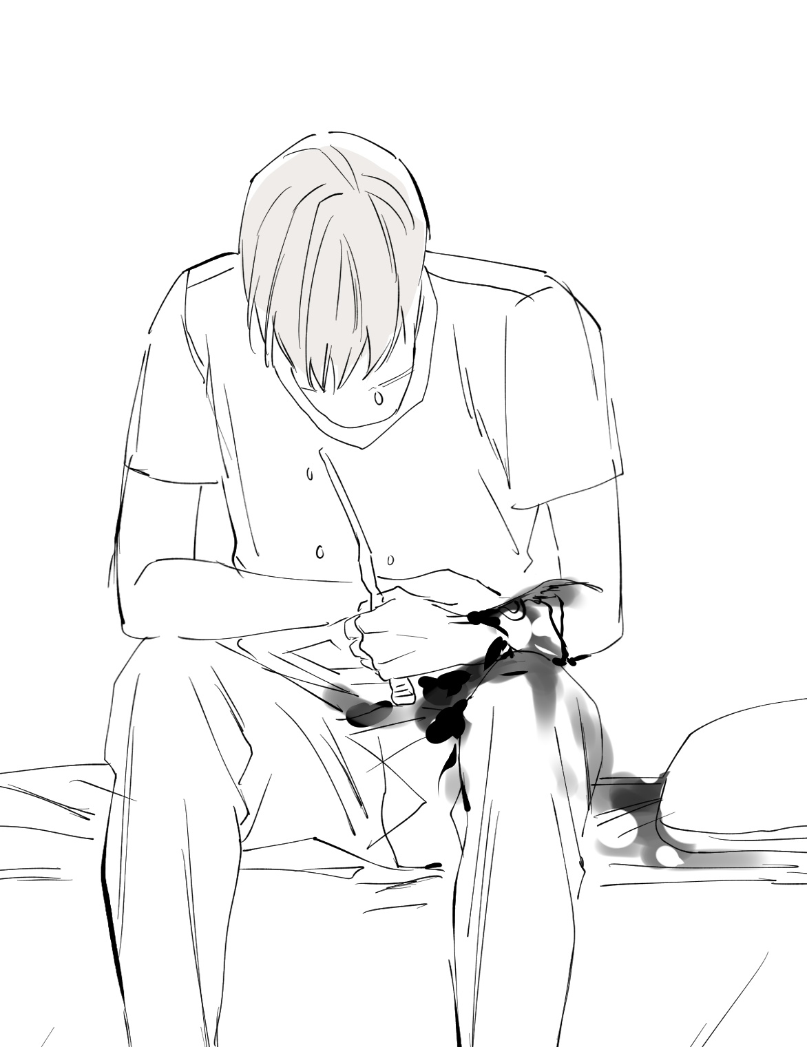 the image is a monochrome sketch or drawing of a young man sitting with his head down. he appears to be wearing a simple, loosefitting shirt and pants. his posture suggests sadness or contemplation. the style is loose and expressive, with simple lines and some ink stains adding to the emotional feel. the background is plain white, drawing attention to the figure in the foreground. the overall style suggests anime or manga influences.