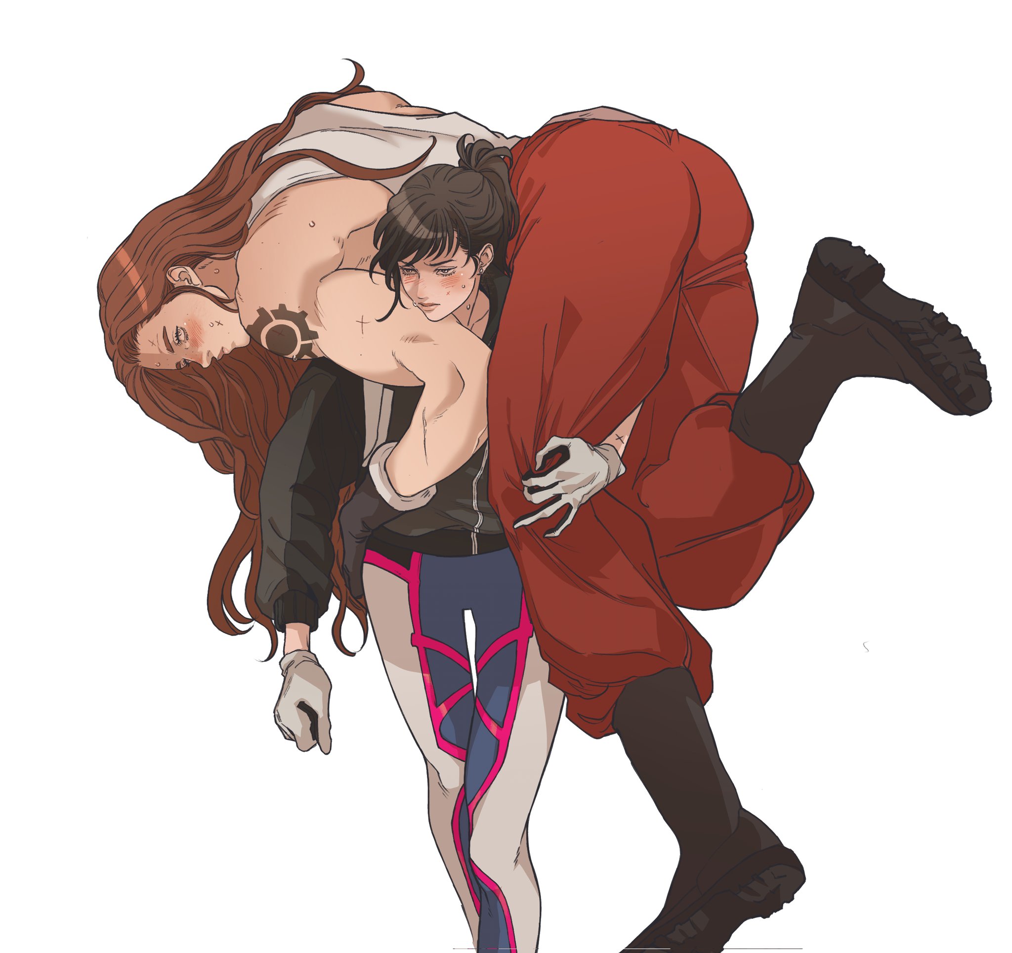 an illustration depicts a female character with long brown hair carrying another female character with shorter dark hair in a piggyback style. the first character has a tattoo on her shoulder and is wearing red pants and black boots. the second character is wearing a black jacket, blue and pink leggings, and white gloves.