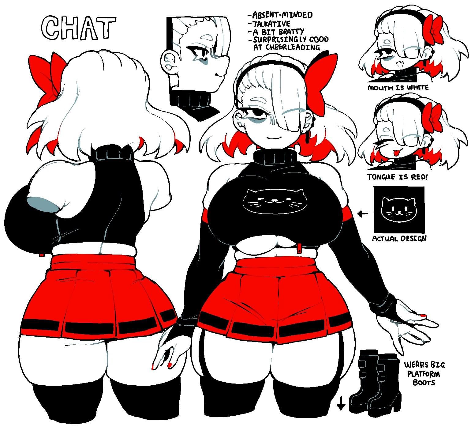 this is a digital illustration of a female anime character. the character is drawn in a black and white manga style. the character has white skin, black hair with red highlights, a black sweater with a cat design, a red skirt, and black platform boots. the character has a red bow on her head. the drawing is styled like a character sheet, with notes about the character's personality and appearance. the character's mouth is white, and their tongue is red. the character has a cat design on their sweater, and they are wearing large platform boots.
