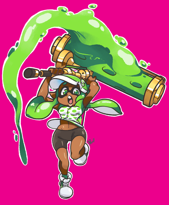 an illustration of a splatoon inkling girl character. she has brown skin, green hair, and is wearing a white and green outfit. she is holding a green weapon and is surrounded by green ink. she is standing in a pink background.