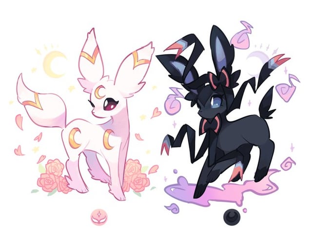 this illustration is of two cute, animestyle pokemon creatures. the one on the left is white with pink and yellow highlights.  it is a deerlike pokemon with crescent moons on its body. the one on the right is black with pink and blue highlights, and it has large, spidery arms. it has a bow tie and is a deerlike creature with a long, curved, unicornlike horn.  it has an evillooking, spidery arm on the side.  there are hearts, stars, and flowers in the background of the image.  the overall theme of this image is cute and fantastical.