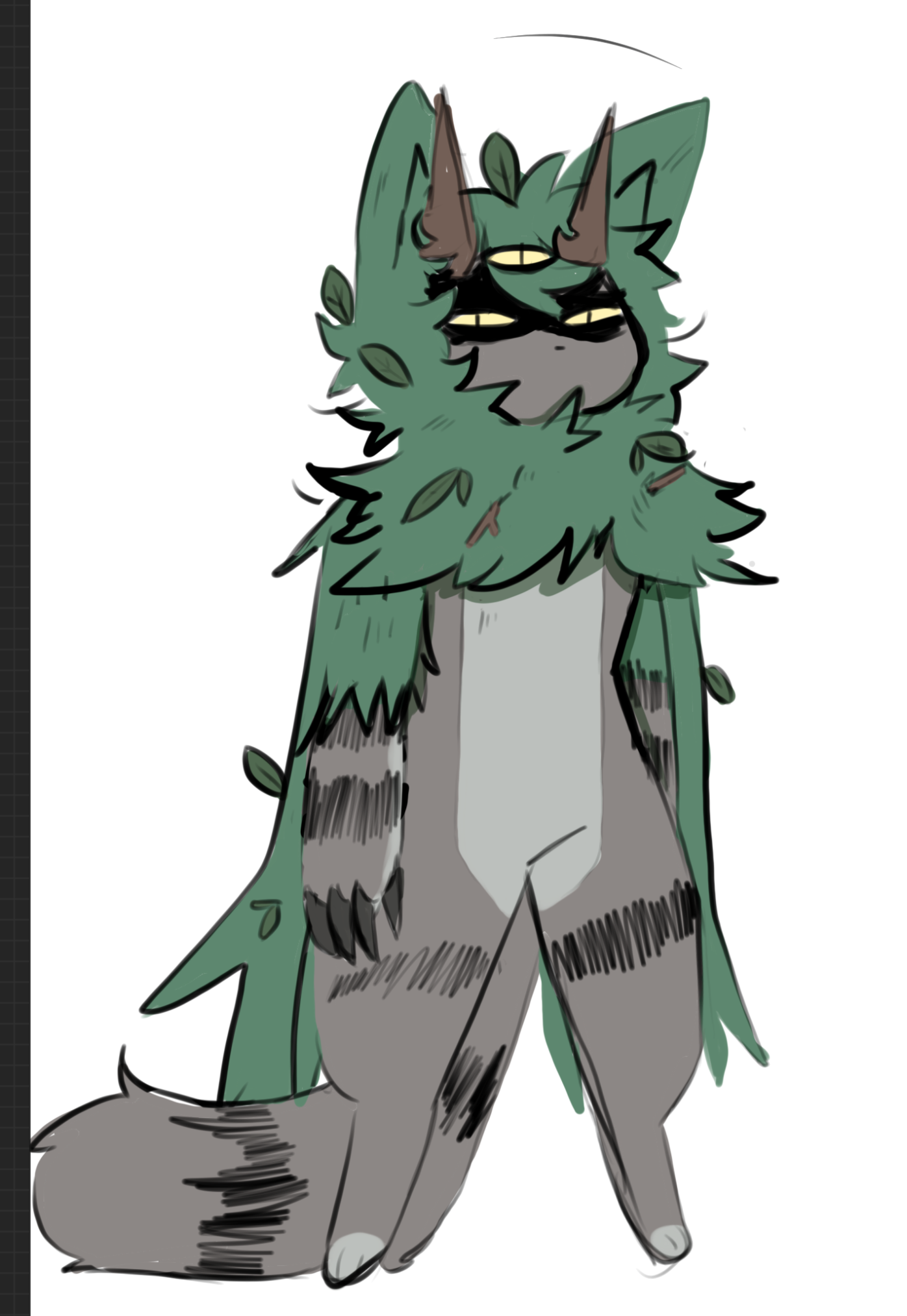 a cartoon illustration of a furry creature with catlike features. it has green fur, leaves on its head, and a long tail. it also has two horns on its head, large yellow eyes, and gray paws. the creature is standing with its feet spread apart, and its tail is curled behind its back. the background is white.