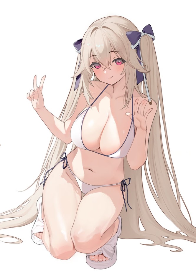 an anime girl with long blonde hair is wearing a white bikini and sitting on her knees with a smile on her face. she is giving a peace sign with her left hand and holding her right hand up to her ear with a finger pointed out. she has a light blush on her cheeks and a small smile on her lips. she is wearing white sandals and the background is white.