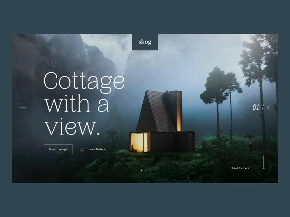 a website homepage for a company that sells or rents cabins. the homepage features a cabin in a dark forest, with a light inside, and the text "cottage with a view." the website has a clean and minimalist design. the background has a mountainous fog, and the foreground is a lush forest. the text is in white, which contrasts nicely with the dark background. there is a small button that says "book a cottage" and another that says "launch gallery." the website design is visually appealing and easy to navigate, which makes it a great choice for a company that is looking to attract customers online.