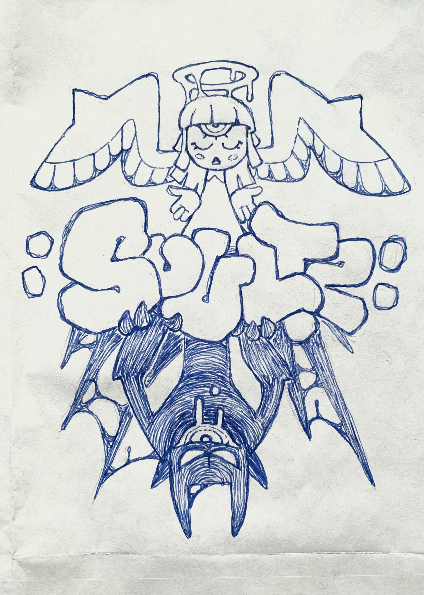 the drawing depicts an angel with its wings spread out and head tilted to its right, on top of the word "soul" written in bubble letters.  a devil hangs upside down from the "soul", mimicking the angel's pose.  both figures appear to be staring directly at the viewer.  the drawing is in blue ink on white paper.