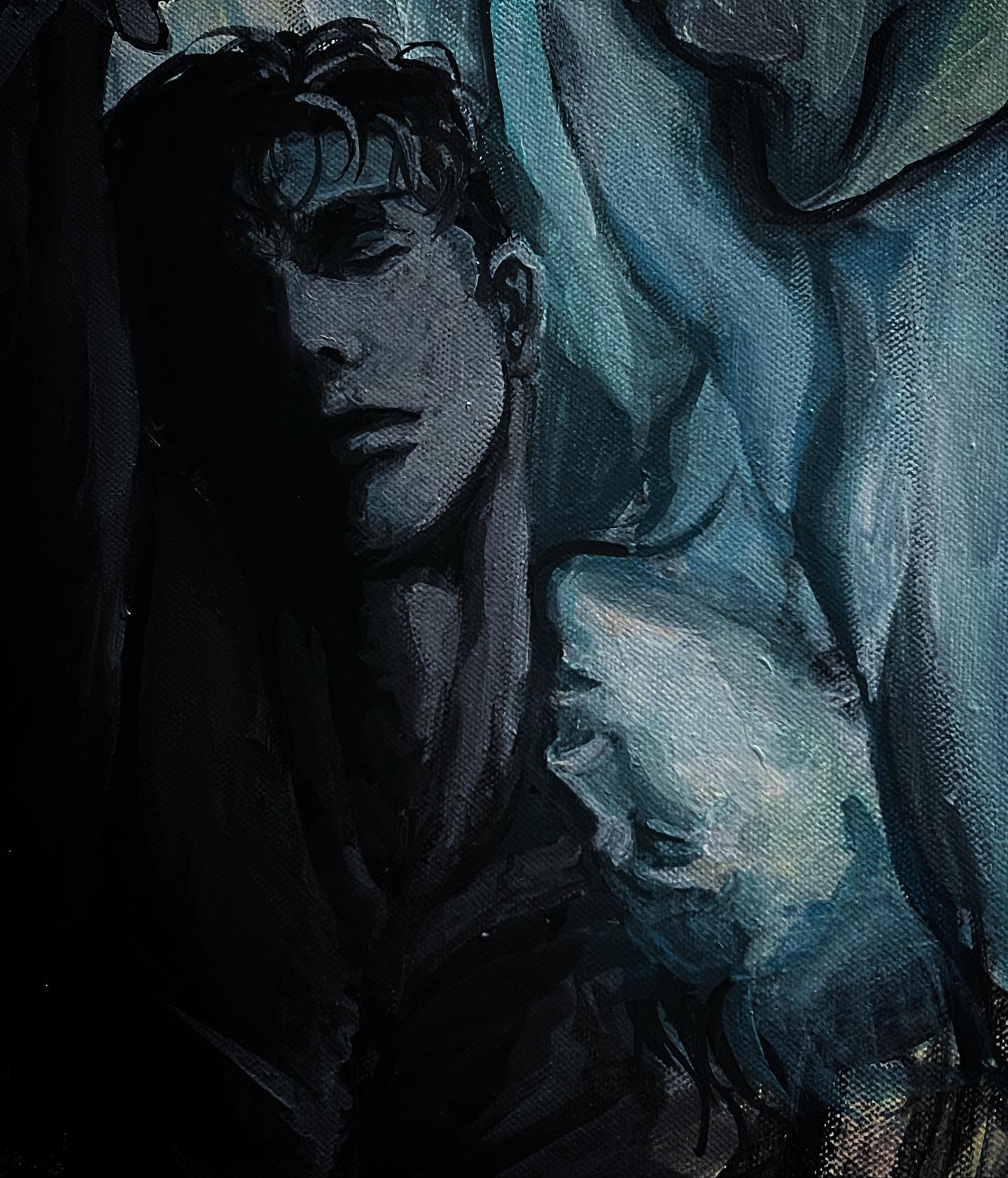 he image is a closeup shot of an expressive painting depicting a man's portrait. the style is dark and moody, utilizing a strong contrast between light and shadow (chiaroscuro). the man's face is partially obscured by shadows, lending a sense of mystery. the color palette is predominantly dark blues, teals, and greens, creating a somber and contemplative atmosphere. the brushstrokes are visible, adding texture and a sense of movement to the artwork. the background is abstract and blurry, focusing attention on the central figure. the overall impression is one of emotional depth and introspective contemplation.