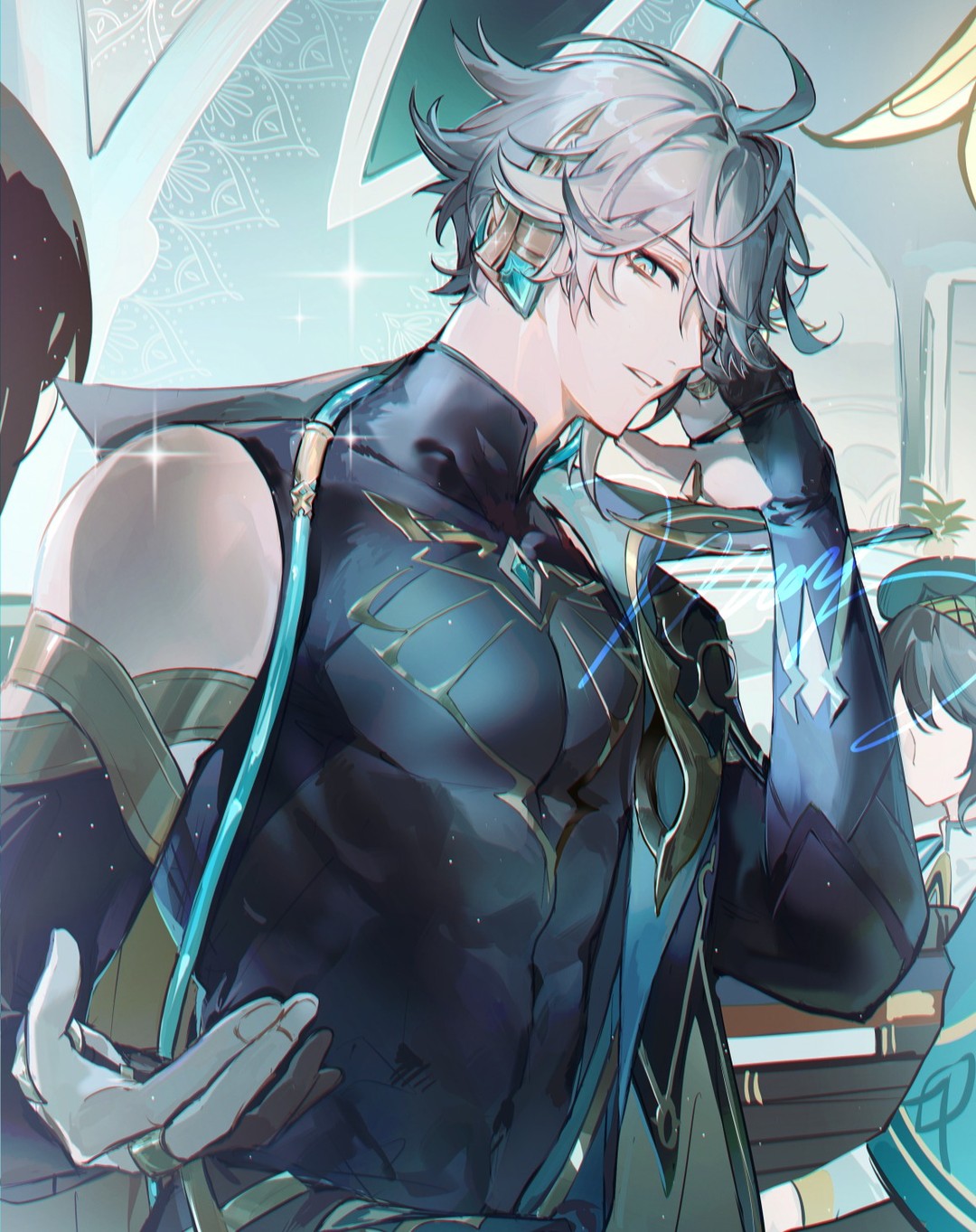 digital fanart depicts a stylish anime boy, possibly albedo from genshin impact, with white hair and teal and gold clothing. he is posing with a hand on his chin, and his expression is calm and confident. the background features an ornate design suggestive of a palace or elegant setting. the artwork style is sleek and detailed, with soft lighting and subtle highlights that enhance the character's features and attire. another character, partially visible, appears in the background. the overall image conveys a sense of mystery and sophistication.