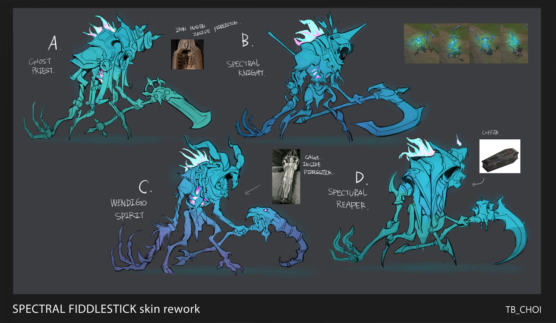 his image shows concept art for a "spectral fiddlestick" skin rework for a video game, possibly league of legends.  it features four different design concepts (ad), each with a name and a brief description.  each design depicts a spectral, skeletal figure with unique attributes and weaponry.  reference images are included, such as an iron maiden, a cage, and a coffin, to showcase design inspiration. the artist's signature, tb_choi, is present in the bottom right corner. the overall style is dark, detailed, and fantastical.