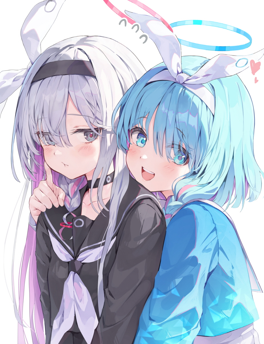 the image is a digital drawing featuring two animestyle girls. one girl has long, flowing light purple and white hair styled with bunny ears and a dark sailorstyle uniform.  she's slightly blushing and has a finger to her lips. the other girl has short, bright aqua blue hair, also with bunny ears and a lighter blue jacket. she's smiling broadly and has a more playful expression. they are closely embraced in a hug, creating a warm and affectionate scene. the art style is distinctly soft, using pastel colors and a focus on cute, almost chibilike proportions. the overall feeling is lighthearted and friendly, emphasizing the close bond between the two characters.