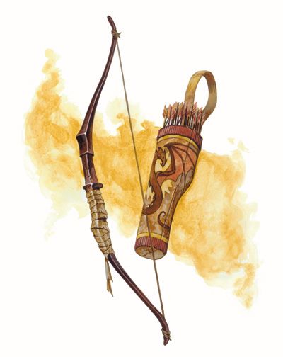 a fantasy illustration features a bow and a quiver full of arrows. the bow is a dark wood with wrapped handle, while the quiver is decorated with a dragon. a soft yellow background complements the warm tones of the objects.
