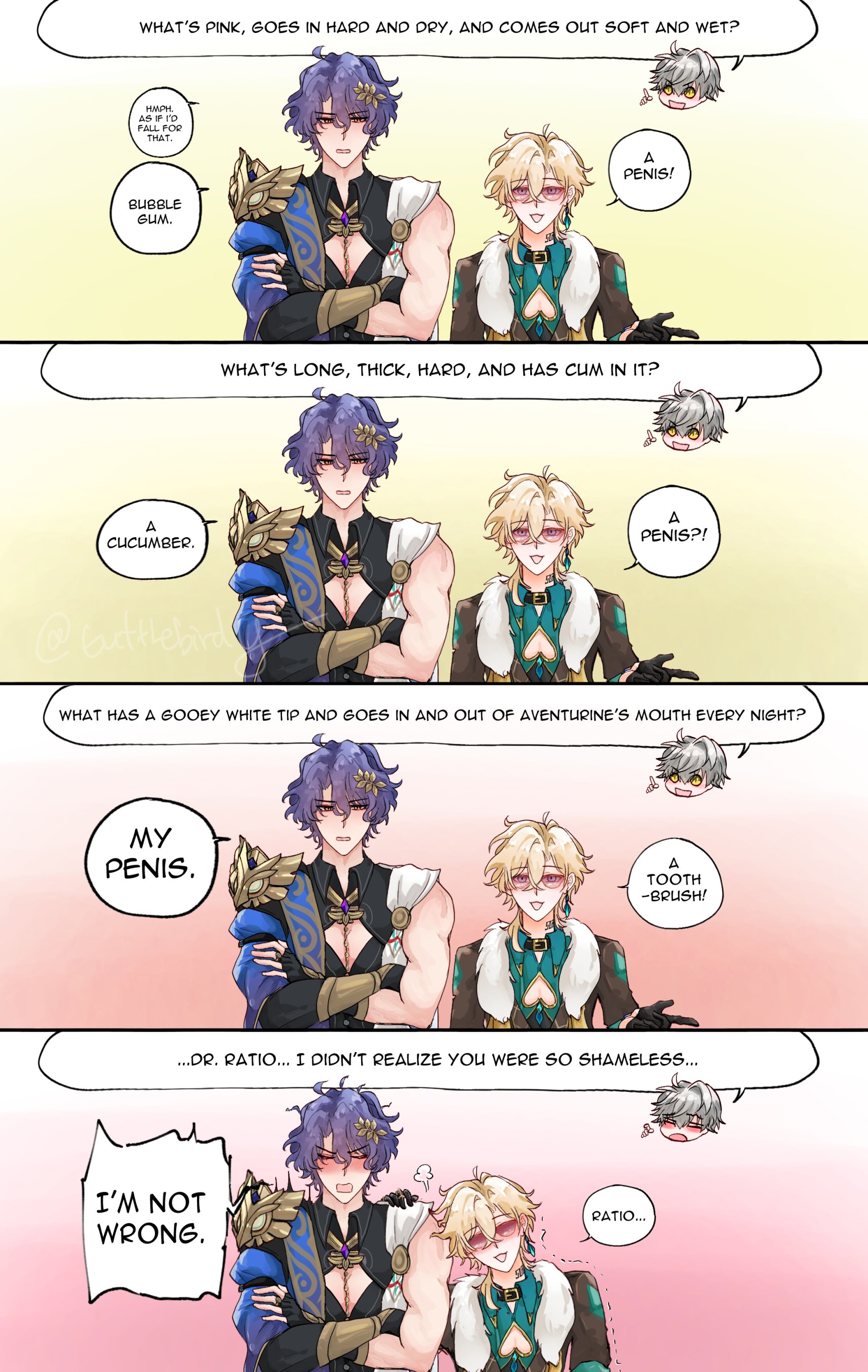 he image is a fourpanel comic strip featuring fanart of albedo and itto from the game genshin impact.  the comic uses a series of suggestive questions and answers to create a humorous and slightly risqué conversation between the two characters. each panel depicts the characters in a specific pose, with text bubbles containing the questions and answers that highlight sexual double entendres related to everyday objects. the art style is consistent with anime and manga, showcasing expressive characters and a dynamic composition. the overall tone of the comic is lighthearted and playful.