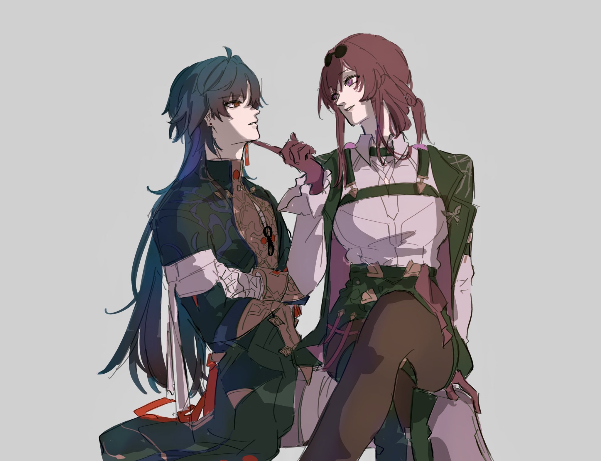 the image is a digital illustration of two anime characters, a male and a female, standing close to each other. the male character has long blue hair, wears a green and black outfit, and has a thoughtful expression. the female character has long red hair, wears a green and white outfit, and has a playful expression. they are in a romantic pose, looking at each other with affection. the background is simple, with only a light gray gradient. the image is drawn in a style that is both realistic and stylized, with attention to detail in the clothing, hair, and expressions. the colors are soft and warm, creating a romantic and intimate atmosphere.