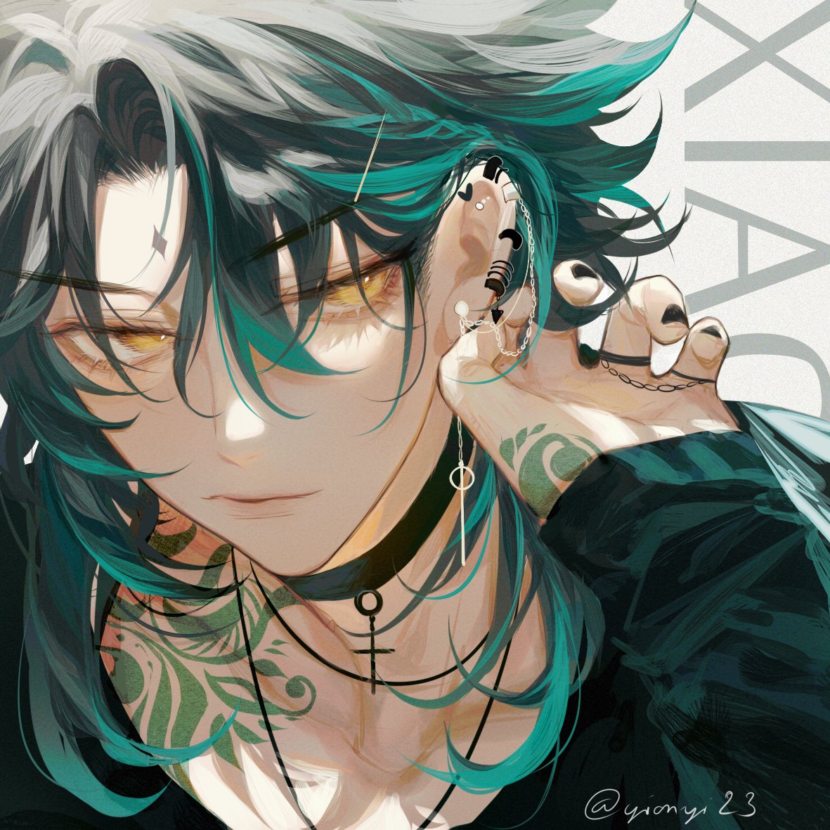 the image is a closeup digital illustration of an animestyled young man. he has long, styled teal and grey hair, multiple earrings and necklaces, and intricate tattoos on his neck and hand. his expression is somewhat mysterious, and his gaze is directed slightly away from the viewer. the art style is detailed and vibrant, with a focus on his features and accessories. the background is muted, drawing attention to the subject. the overall aesthetic is stylish and captivating.
