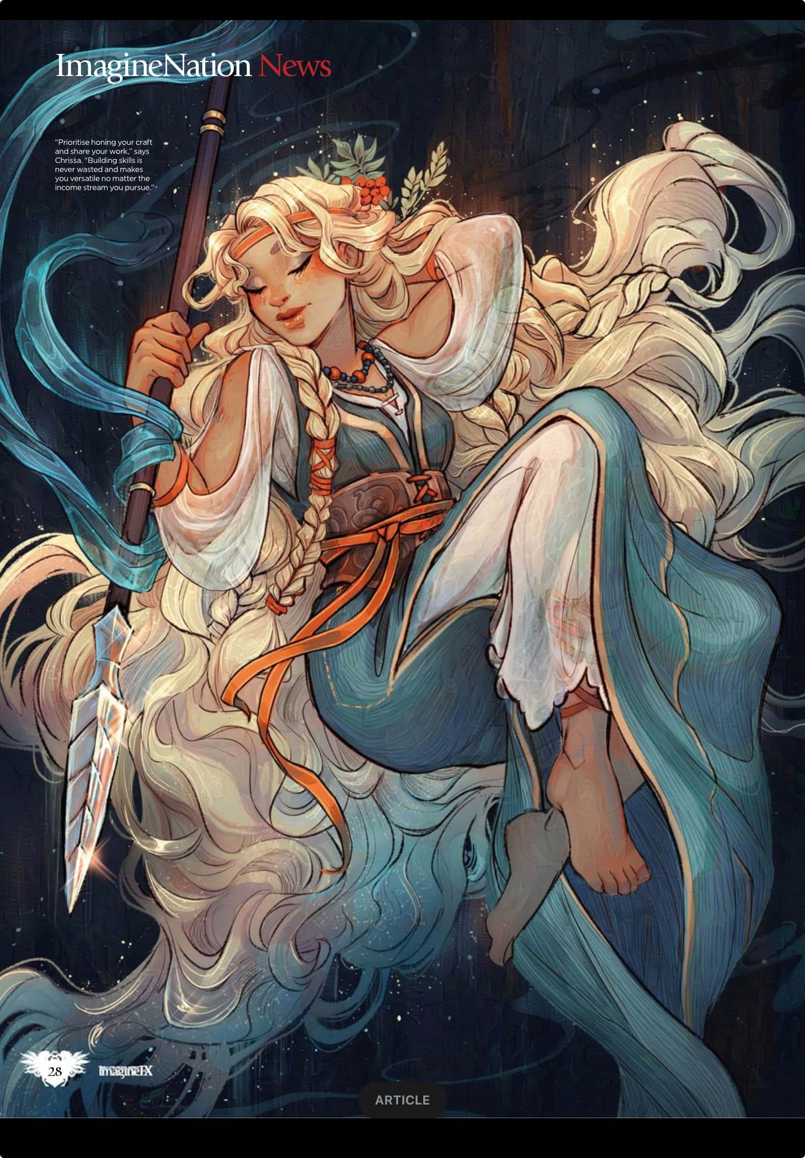 an image depicting a woman with long blonde hair and a braided crown. she wears a blue robe, and is floating in the air. the background is a dark sky with stars. she holds a large spear made of wood with a blue blade.