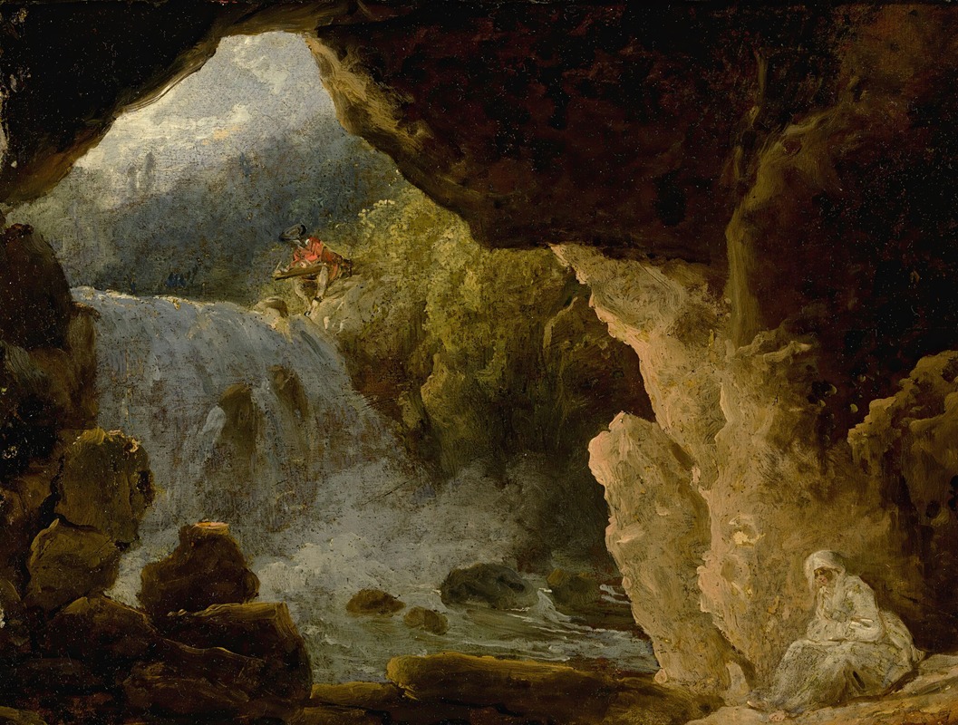 the image is a painting depicting a waterfall scene viewed from within a cave. a man in a red coat is positioned near the top of the waterfall, while a figure in a white robe sits near the entrance of the cave. rocks, trees, and natural light and shadow are prominent features in the landscape.