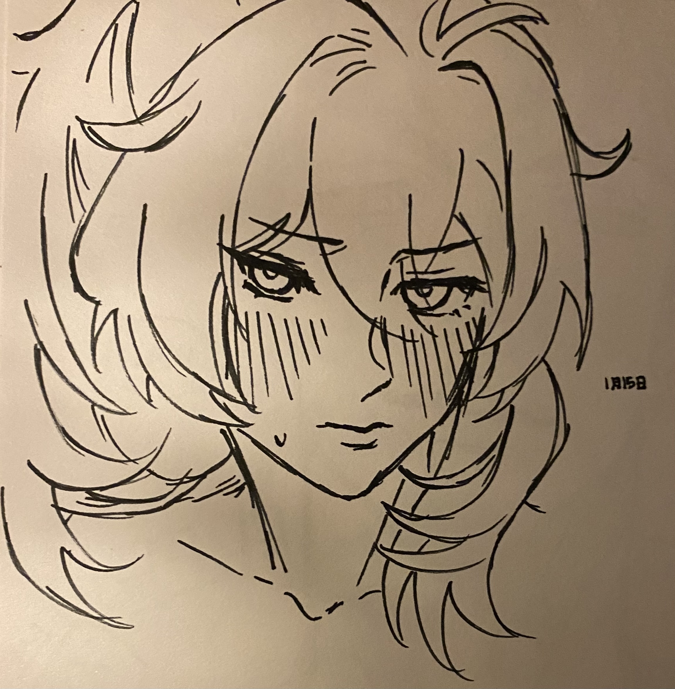 he image is a closeup drawing of an animestyle female character.  the style is sketchy and somewhat rough, with visible ink lines. the character has long, wavy hair and is shown from the chest up. her expression is one of slight embarrassment or shyness, indicated by the blush marks on her cheeks.  the drawing is done in black ink on light beige paper. there's a small, seemingly datelike inscription in the bottom right corner.  the overall style suggests a casual, possibly personal sketch.