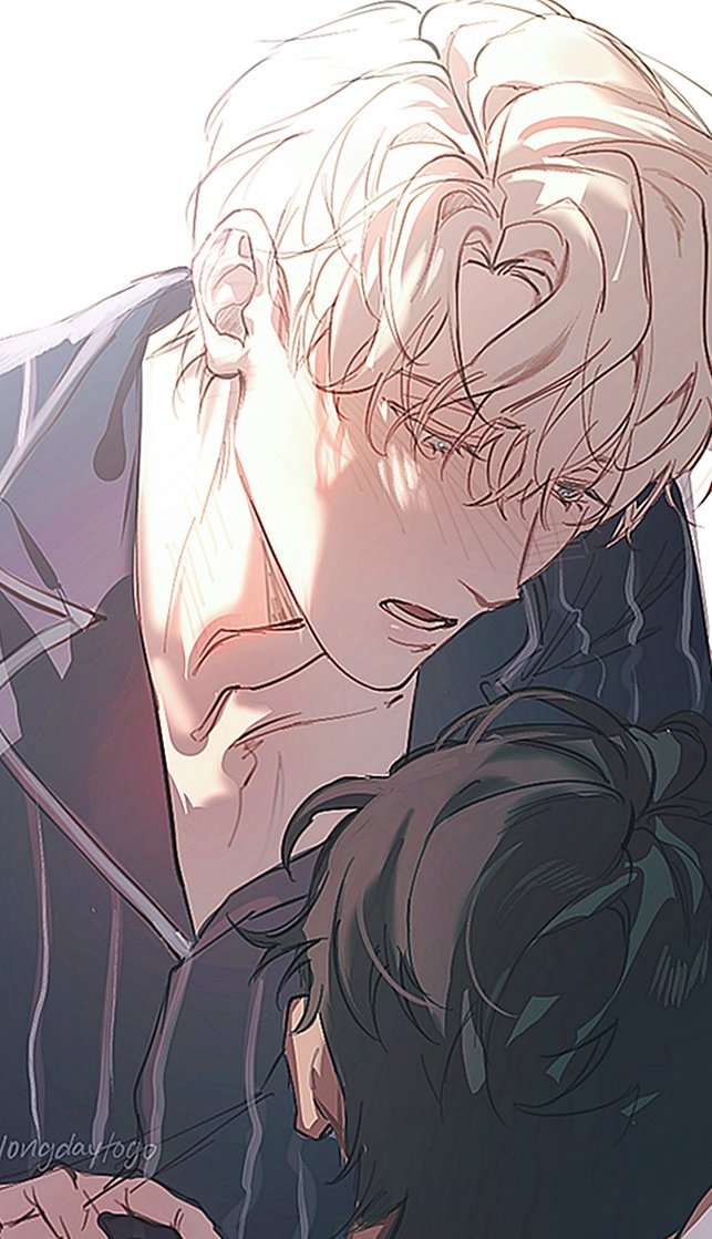 the image is a digital illustration or fanart in the style of anime or manga, depicting a romantic scene between two young men. one man has blond hair and is leaning down, his arms around the other man who has dark hair. they appear to be very close and affectionate, hugging each other gently. the scene is peaceful and intimate, set in what seems to be a bedroom, with soft light casting over them. both are wearing striped pajamas, adding to the relaxed and domestic setting. the style is soft and detailed, with attention to the characters' expressions and body language. the overall mood is one of tender affection and intimacy.