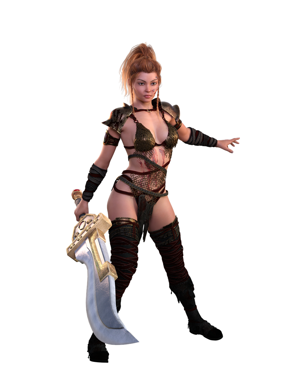 a 3d render of a female warrior standing against a black background, clad in fantasy armor and wielding a large sword. she has red hair tied up in a ponytail and is depicted in a dynamic pose with one arm outstretched.