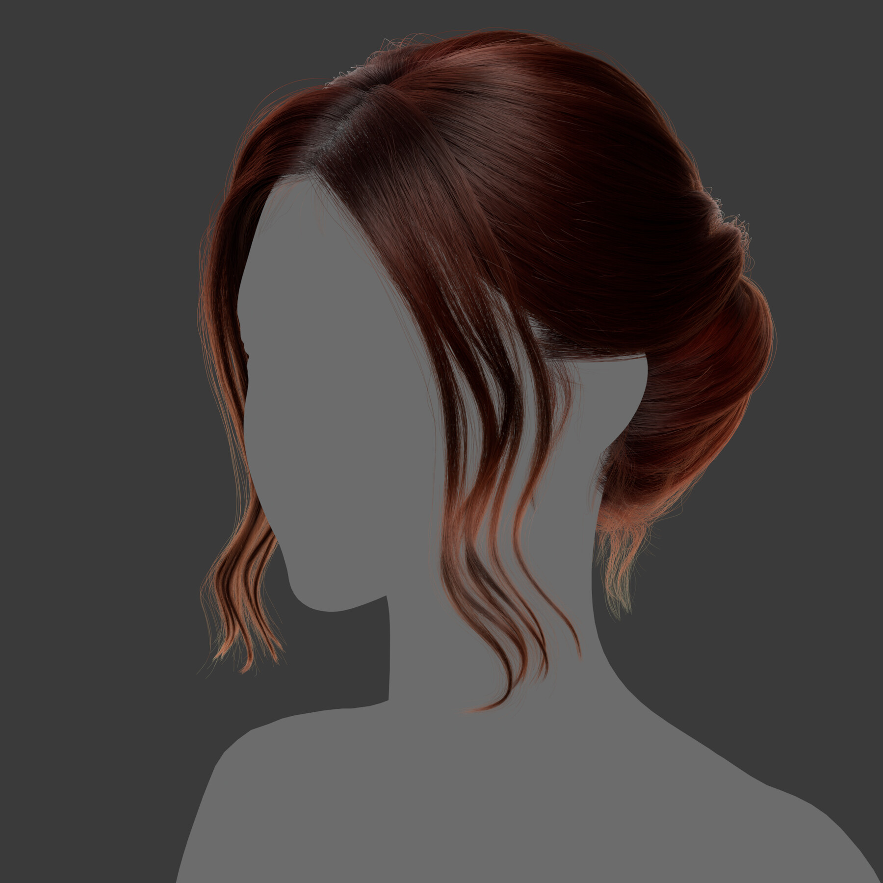 a woman with long auburn hair, styled with waves and a side part, is shown in a profile view. the hair is pulled back from the face, with the end of the waves curled up.