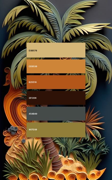 a closeup of a palm tree, made of paper, with a color palette featuring shades of green, brown, orange, and yellow. the leaves are detailed and layered, creating a sense of depth and texture. the artwork is set against a dark blue background, highlighting the vibrant colors of the tree.  the image is a beautiful example of paper craft and a creative representation of nature.