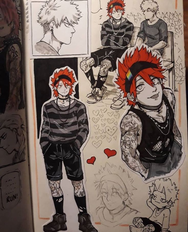 he image is a collection of fan art drawings featuring characters inspired by my hero academia, specifically bakugo and kirishima. the style is a mix of anime and punk/goth aesthetics.  multiple sketches show variations of the characters in black and white with red accents, often with tattoos and alternative clothing. one prominent piece features a heavily tattooed kirishimaesque character in a black tank top and striped shirt. other sketches include simpler portraits and doodles of the characters, as well as smaller, more cartoonish versions. the overall style is expressive and slightly chaotic, typical of sketchbook drawings, with hearts and other doodles scattered throughout.