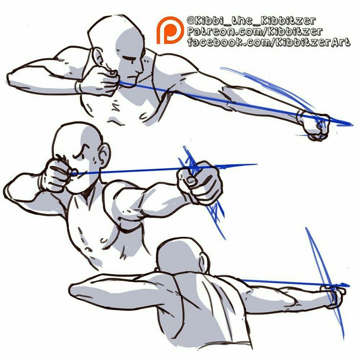 this is a sketch of a male figure in various poses. the figure is drawn in a simple, stylized way, with emphasis on the muscles and joints. the poses are dynamic and actionoriented, showing the figure in different positions of aiming a bow and arrow.  the artist has added blue lines to indicate the path of the arrow and the movement of the figure, creating a sense of energy and action. this is a great resource for artists who want to learn how to draw the human figure in motion, and for practicing dynamic poses and anatomy.