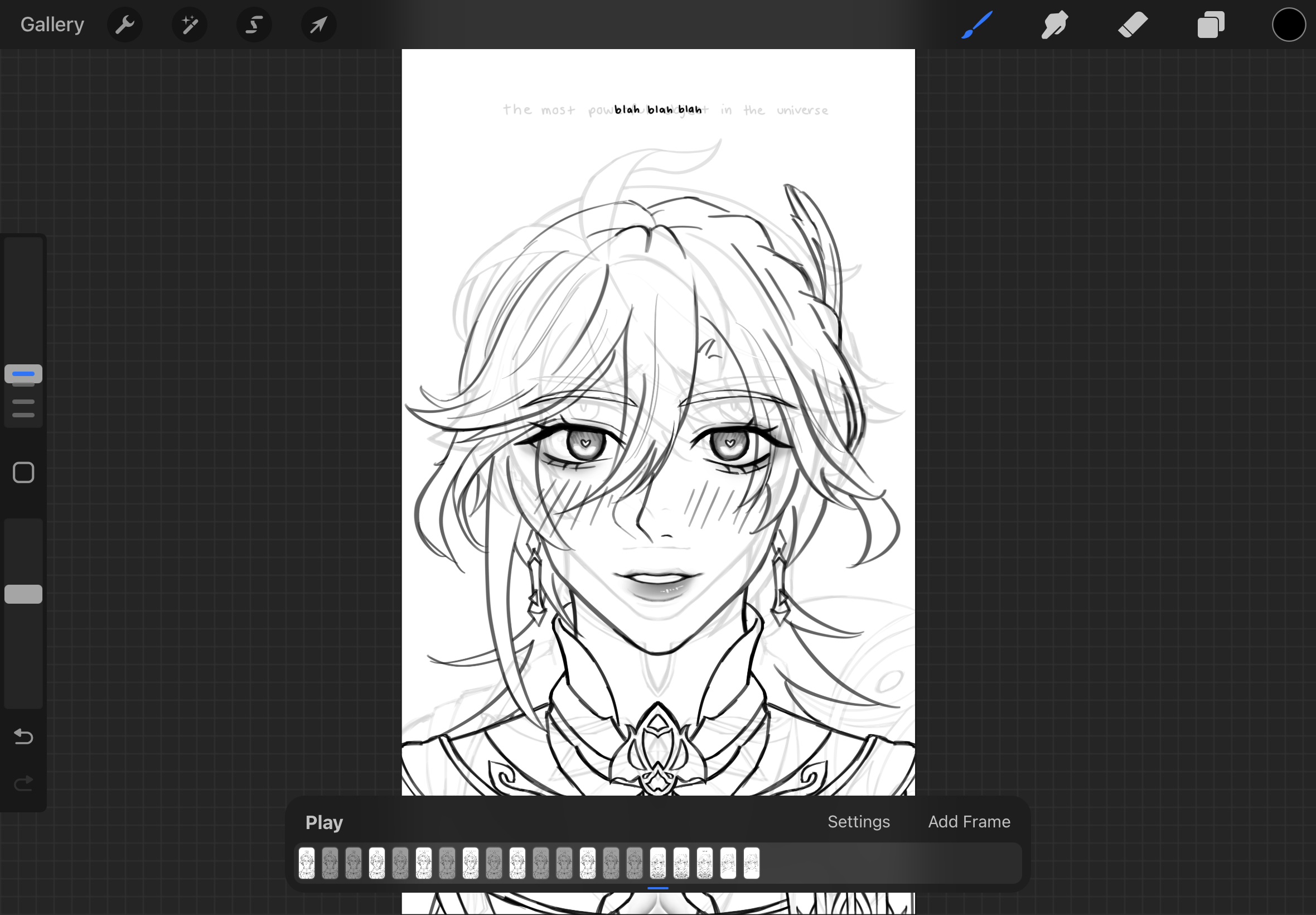 a digital drawing in procreate of an anime character with heartshaped pupils, blush on their cheeks, and earrings. the image is line art and includes animation frames at the bottom, suggesting it's part of an animation project. the text "the most pow blah blah blah in the universe" is at the top.