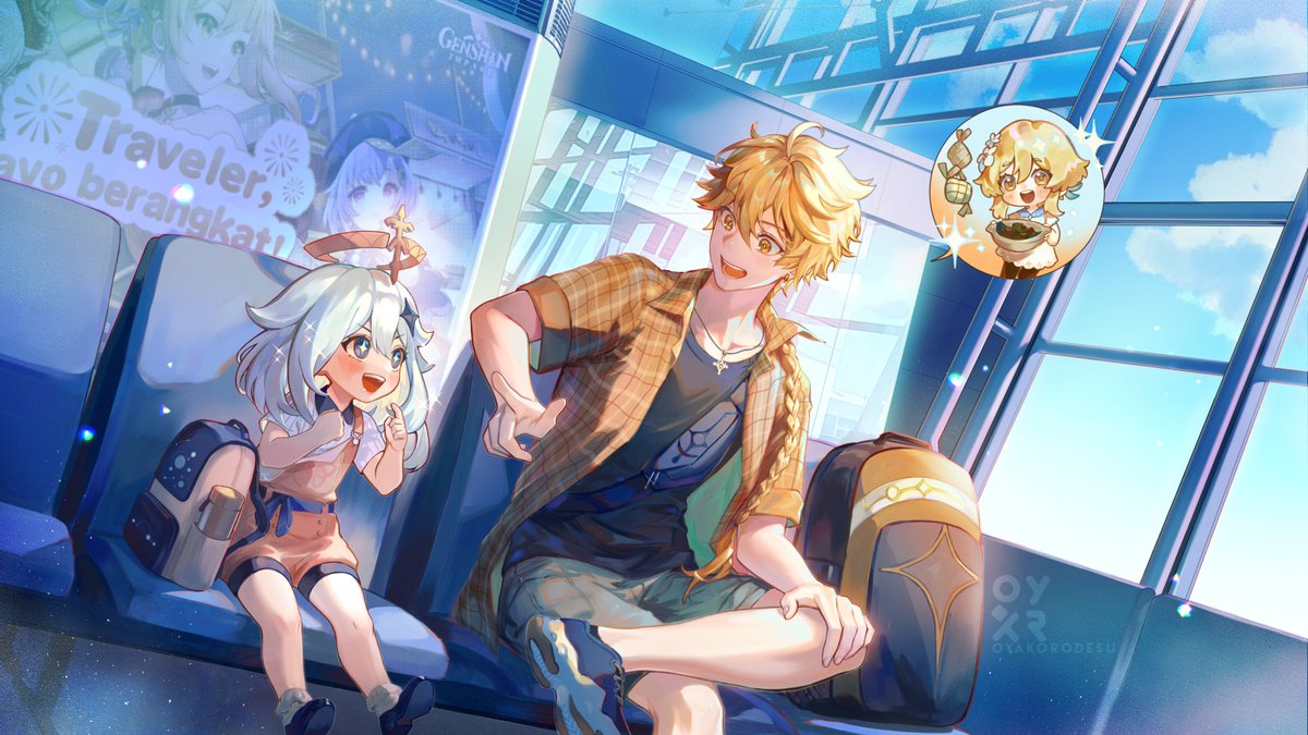 the image is a digital illustration of two anime characters, a girl with white hair and a boy with blonde hair. they are sitting on a bus or train, smiling at each other.  the girl is holding a backpack and the boy has a backpack beside him. there is a large window behind them with a view of a cityscape and clouds. there is a sign in the background that reads “genshin impact”