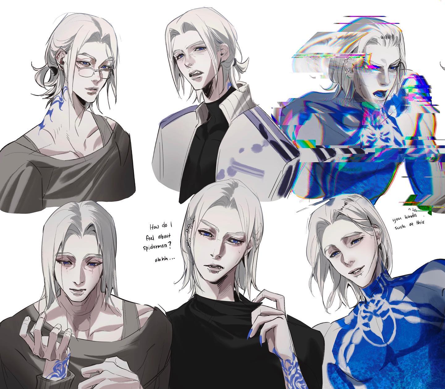 the image is a digital illustration of a male anime character. he is depicted in several different poses and outfits. in one pose, he is wearing a black shirt and has glasses on. in another, he is wearing a white shirt. and in another, he is wearing a blue suit. the character has white hair and blue eyes, and he appears to have several tattoos on his arms. the character is surrounded by glitching and static effects that give the illustration a unique and otherworldly aesthetic.