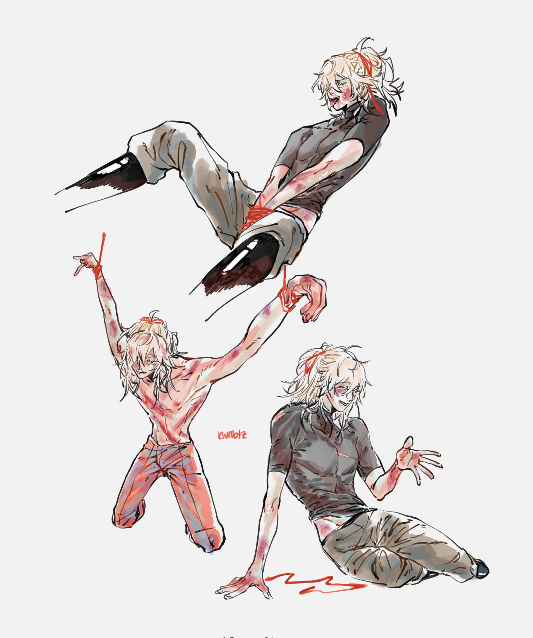 the image features three male characters in an anime or manga style, with one laying on the ground, one sitting in a kneeling position, and the other flying through the air. each character has red string tied around their arms and wrists, implying they've been tied up. the characters also have visible wounds and blood on their bodies, suggesting they've been injured or in a fight. they appear to be in pain or distress, with their expressions depicting suffering or agony. the dynamic poses of the characters add to the sense of action and movement in the image. overall, the image has a dark and dramatic tone, highlighting the characters' pain and suffering.